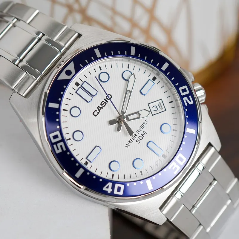 Casio Enticer White Dial Blue Bezel Men's Watch- MTD-135D-7AV